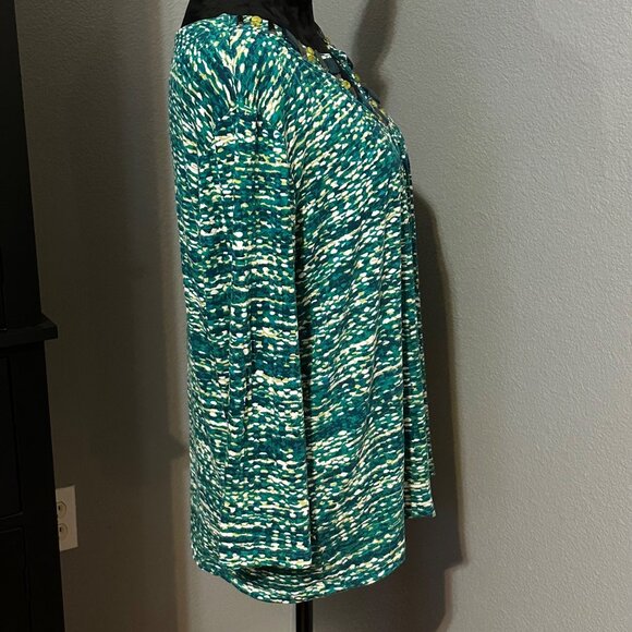 Ruby Rd Blouse XL Green Yellow Beaded Neckline 3/4 Sleeve Stretch Top Boho Print - Picture 6 of 8